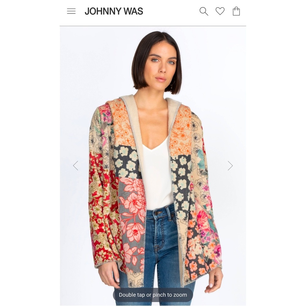 Johnny Was Biya Patchwork Floral Hooded Cardigan Open Front Sherpa Lined Jacket - Picture 4 of 4